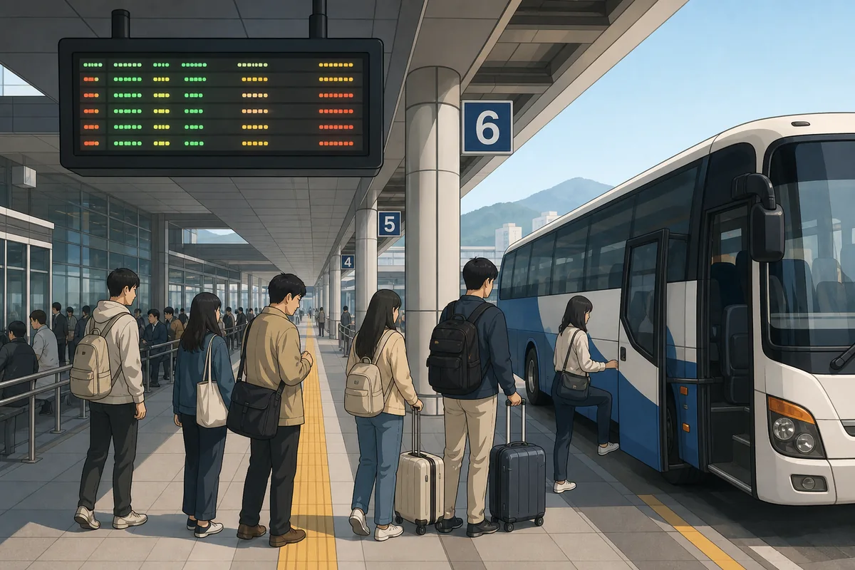 express intercity buses boarding platform in Korea with lane numbers and departure board