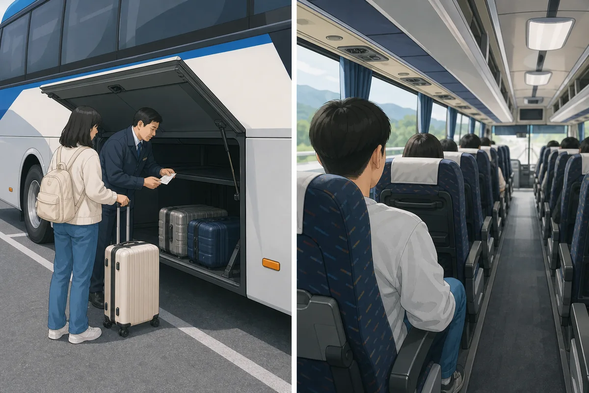 express intercity buses luggage compartment under the bus with assigned seats inside