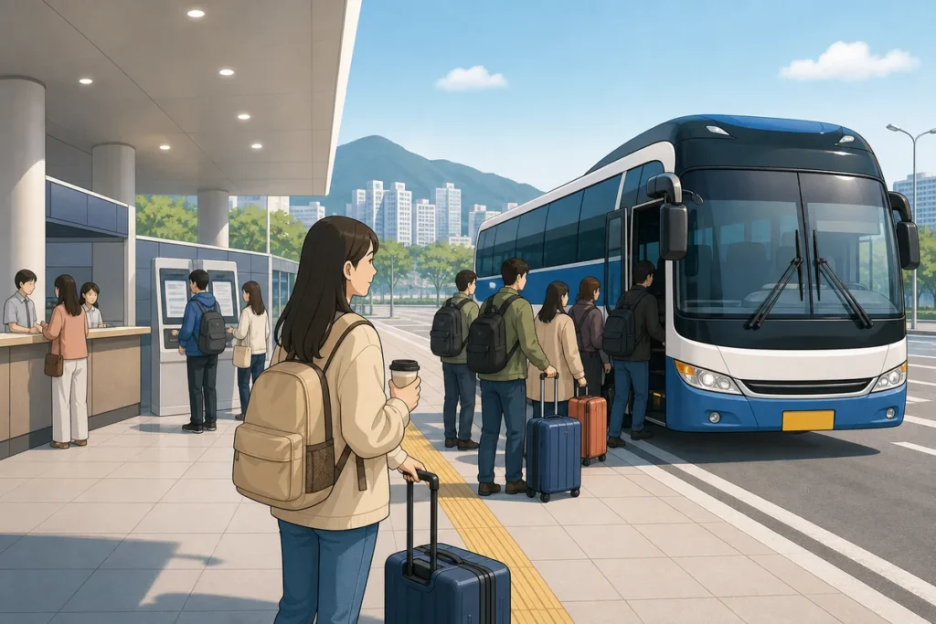 use express intercity buses korea express intercity buses terminal boarding in Korea with ticket kiosk and platform lanes