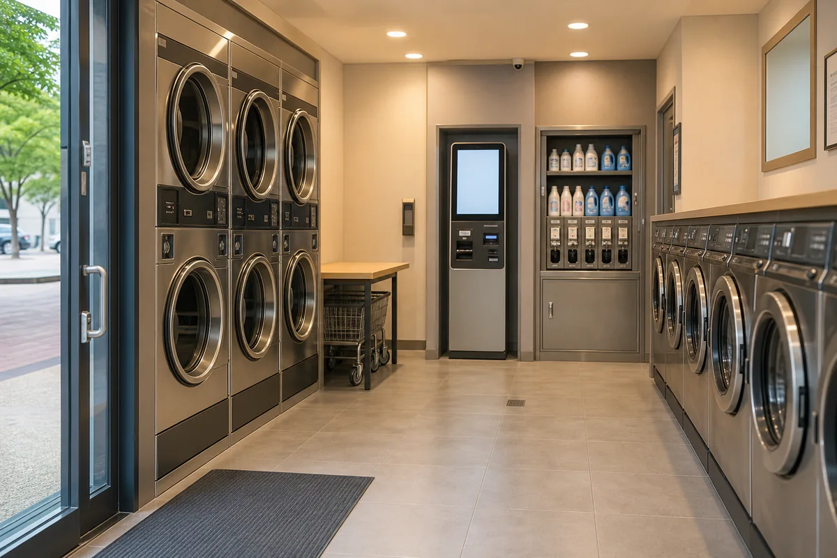 use korean coin laundry coin laundry entrance with washer and dryer rows in Korea