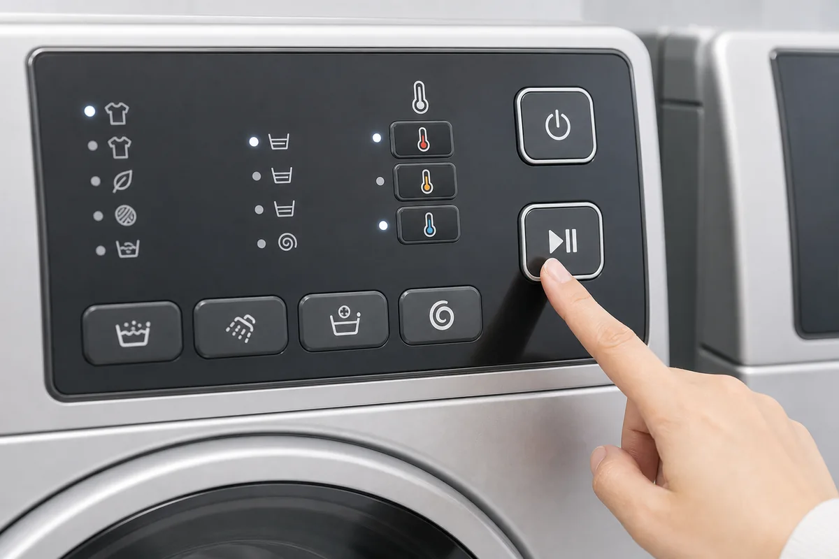 coin laundry washer controls and cycle labels on a Korean machine