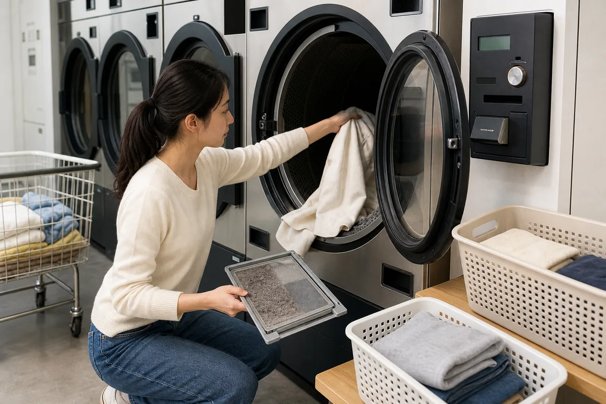 coin laundry dryer area with payment terminal and lint filter station