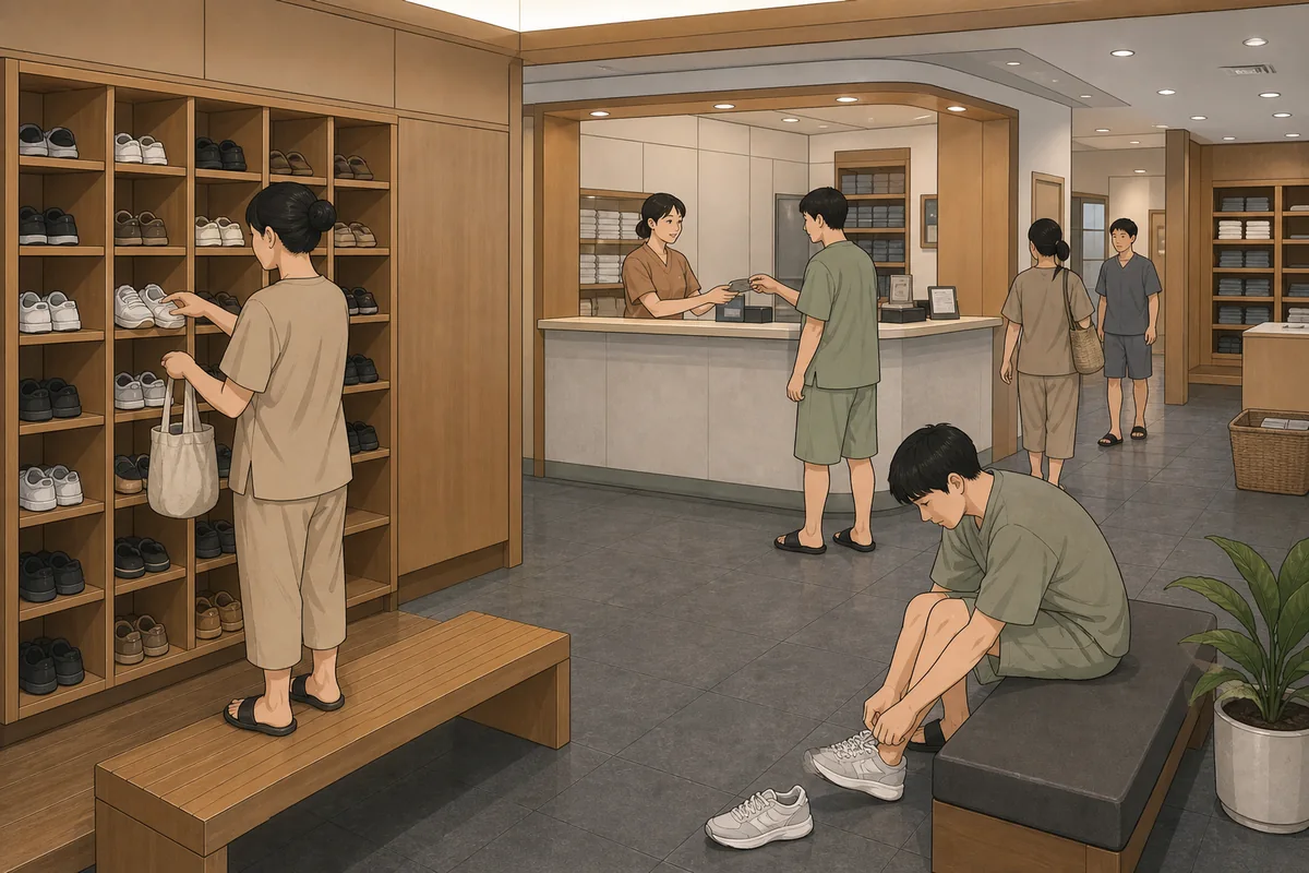 use korean jjimjilbang korean jjimjilbang locker flow at the entrance showing shoe storage and front desk check-in