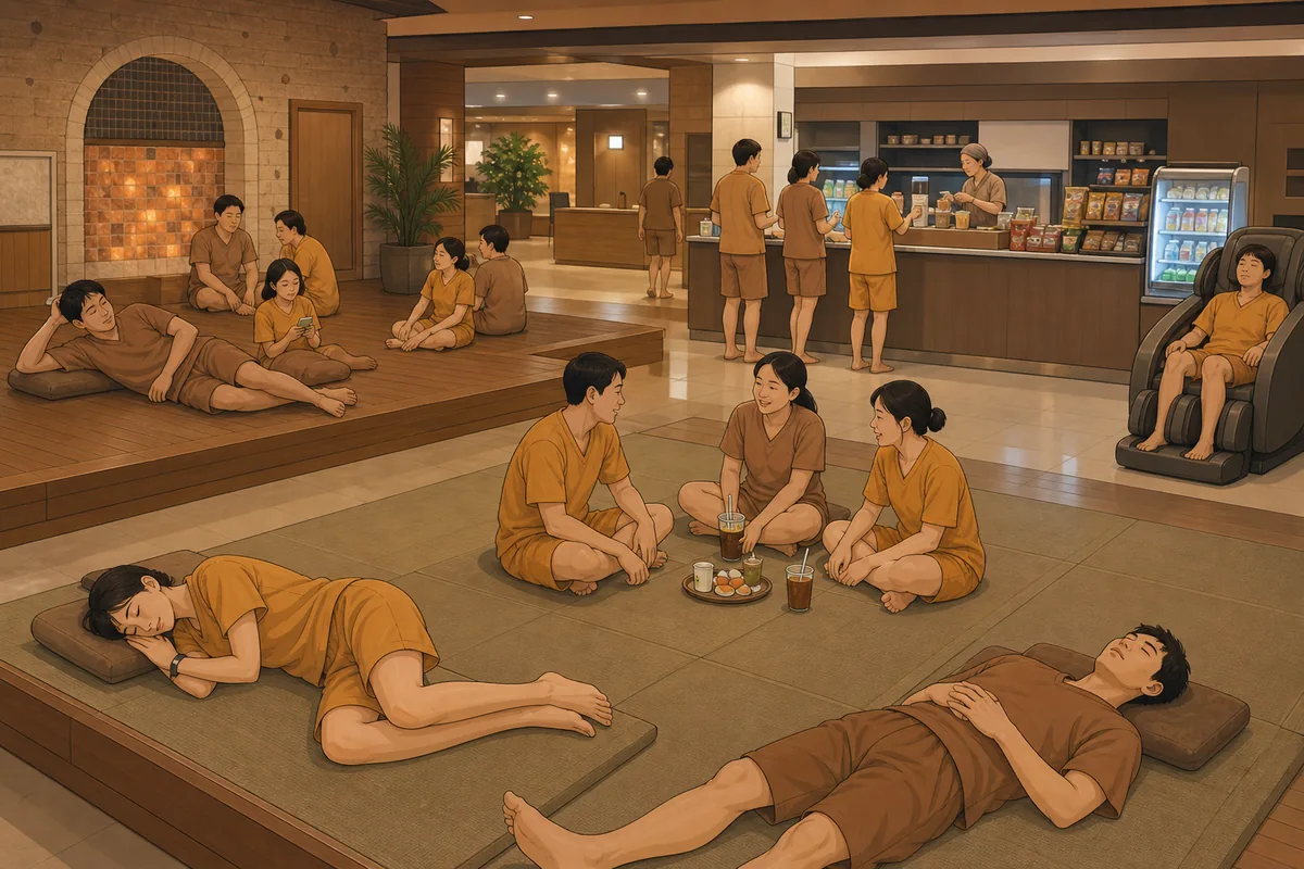 korean jjimjilbang shared lounge with provided clothing, sleeping mats, and snack payment counter