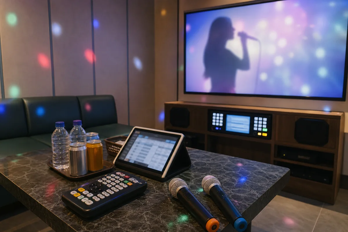 korean noraebang private room with timer, microphones, and drink table