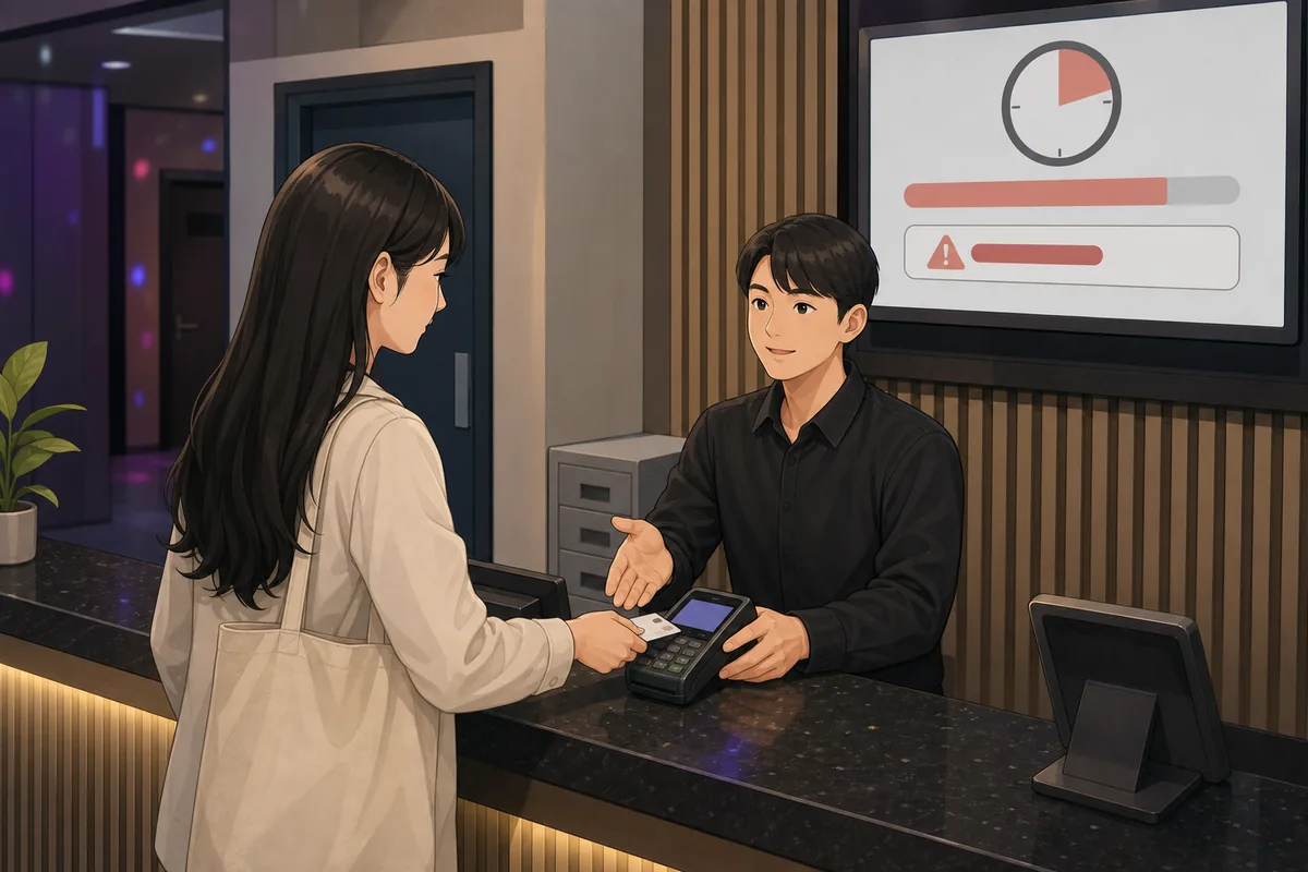 korean noraebang checkout counter with payment terminal and room timer