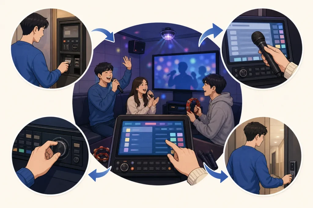 use korean noraebang korean noraebang room with remote control, microphones, and song screen