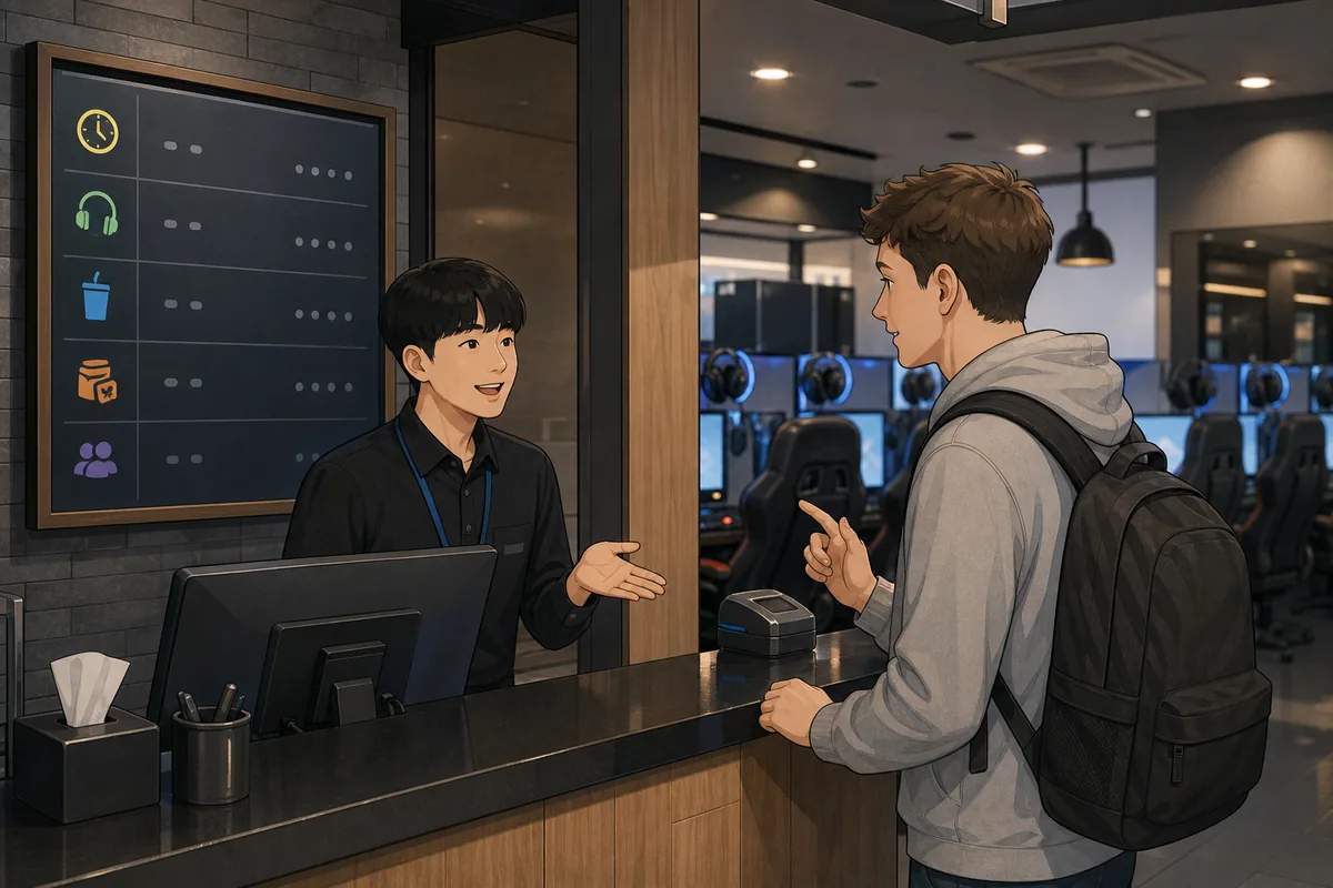 use korean pc bang as foreigner pc bang entrance with counter, kiosk, and available seat map for a first-time visitor