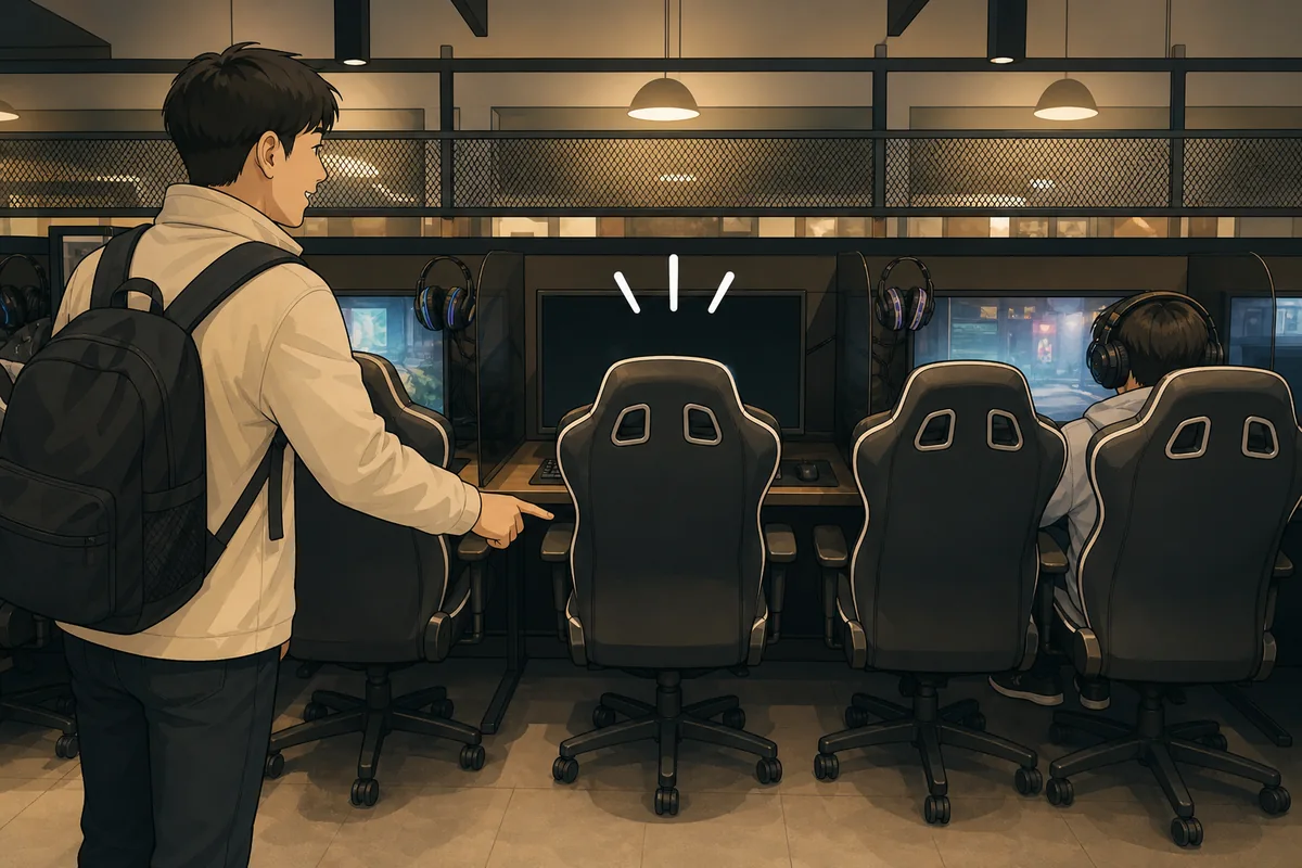 pc bang seat row with numbered monitors and an empty seat ready to use