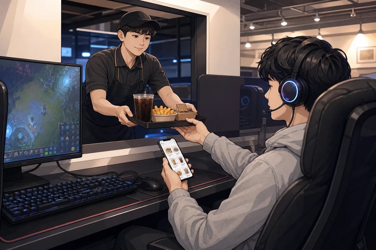 pc bang in-seat food ordering and payment setup with snacks and a screen menu