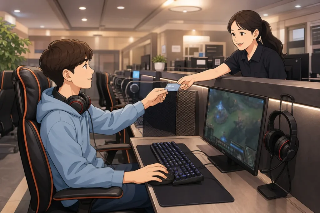 use korean pc bang as foreigner pc bang counter and seat map showing a foreign visitor checking in at a Korean PC bang