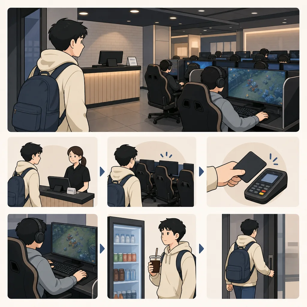 pc bang step-by-step flow: check in, choose seat, charge time, order food, and pay