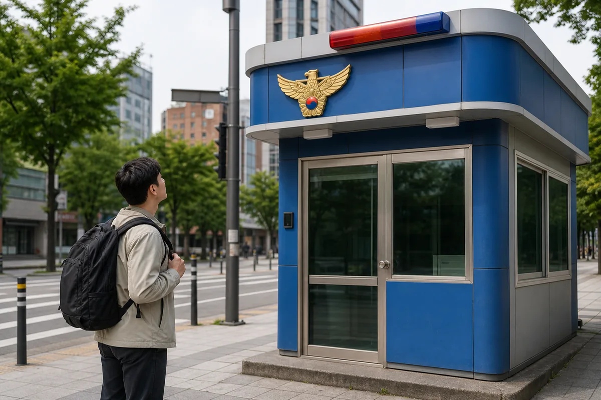 use korean police boxes as tourist Tourist standing outside a korean police box and checking the blue 경찰 sign
