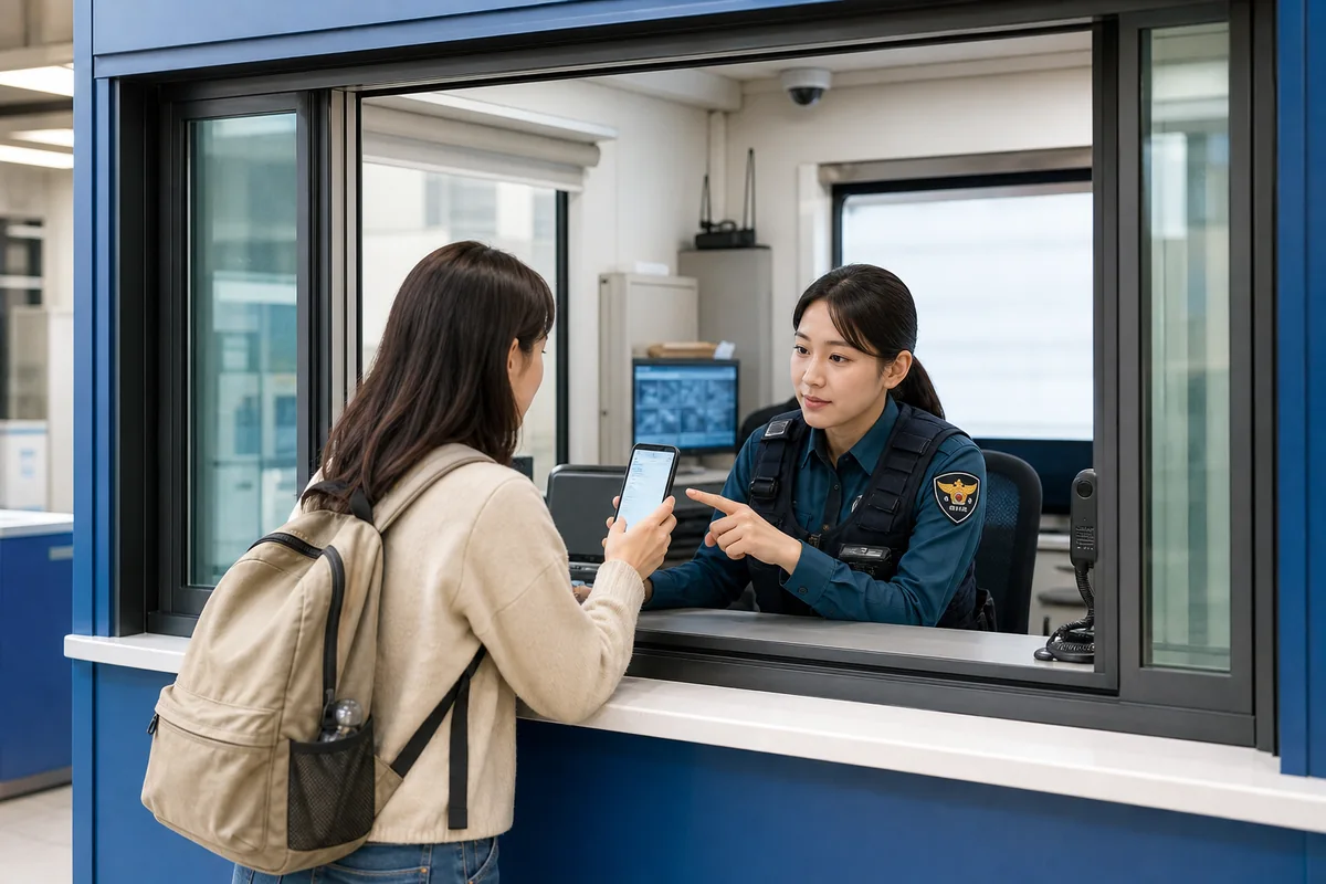 Visitor showing a translated note at a korean police box counter