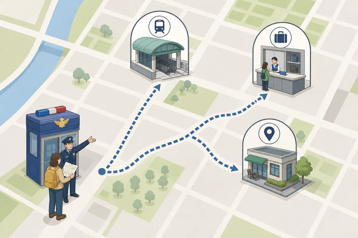 Simple navigation scene showing where to go after the korean police box points to the next office