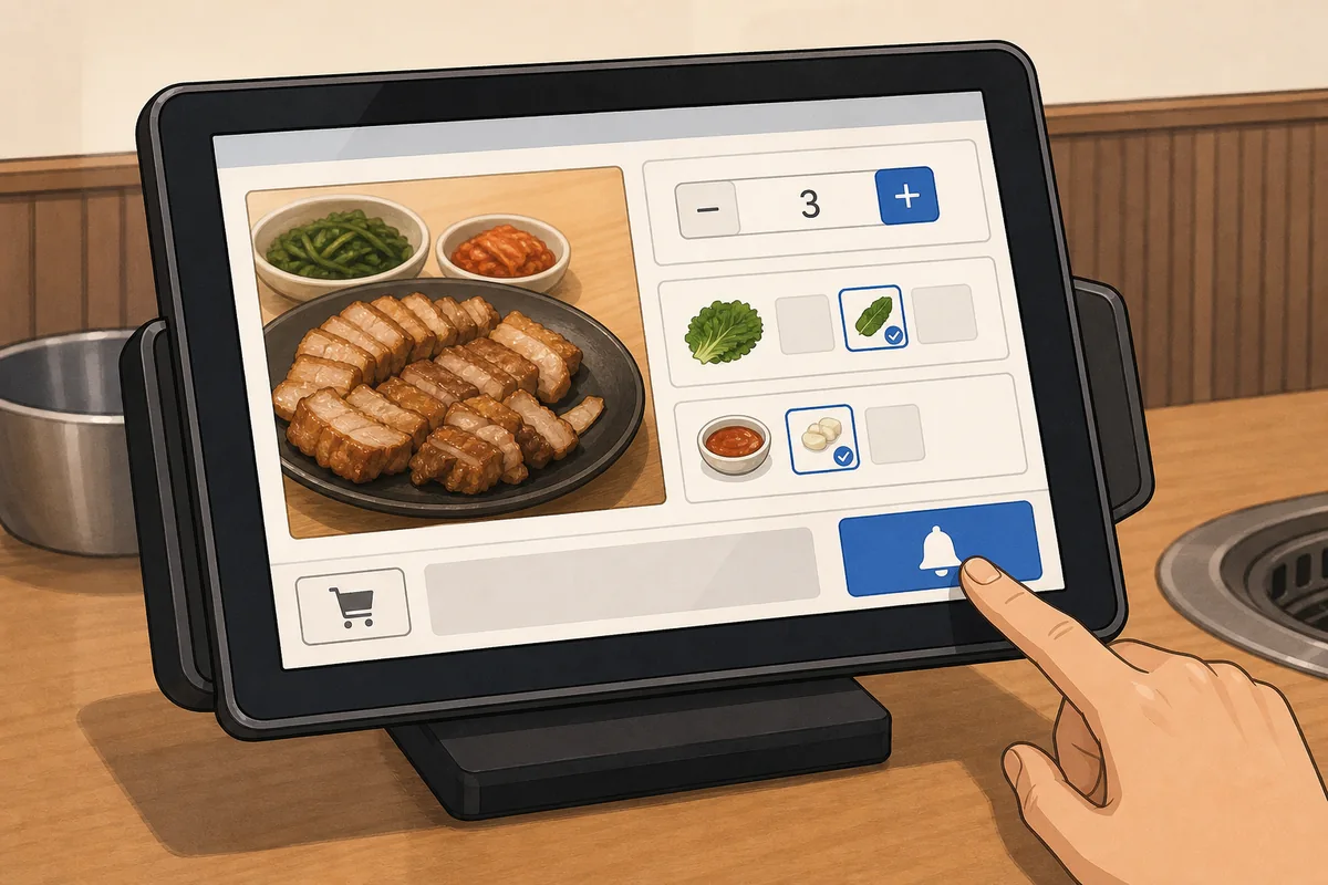 table ordering tablets with a staff call button and cart review screen