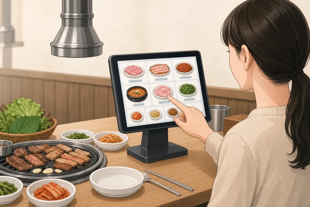 use table ordering tablets korean restaurants table ordering tablets in a Korean restaurant with menu categories and order buttons on screen