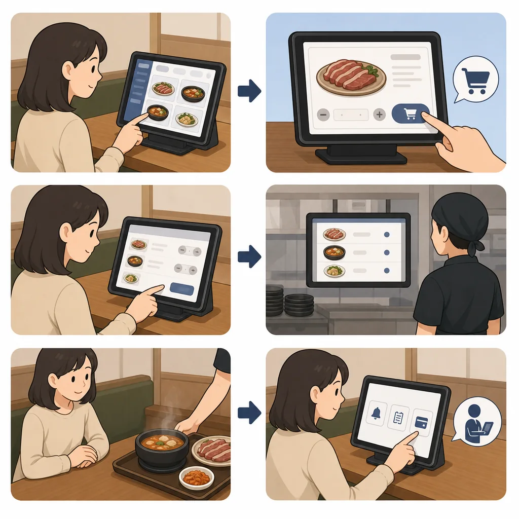 table ordering tablets step-by-step flow from choosing dishes to confirming payment