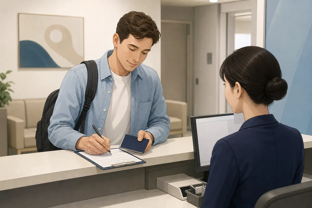 visit clinic hospital korea clinic or hospital reception in Korea with a visitor showing a passport at 접수