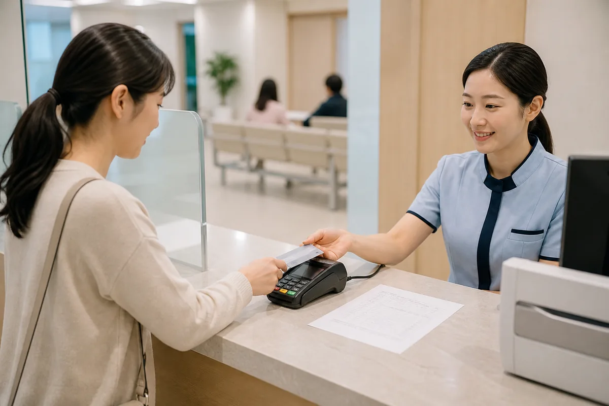 clinic or hospital payment desk in Korea with receipt and prescription slip