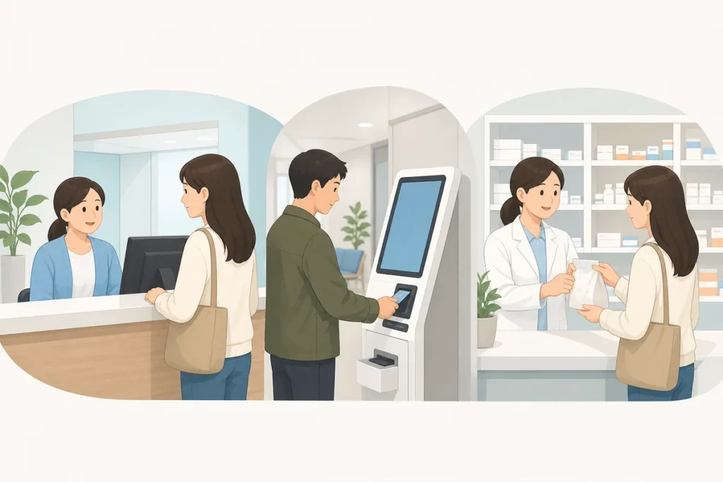 visit clinic hospital korea clinic or hospital check-in in Korea with passport, reception desk, and pharmacy slip