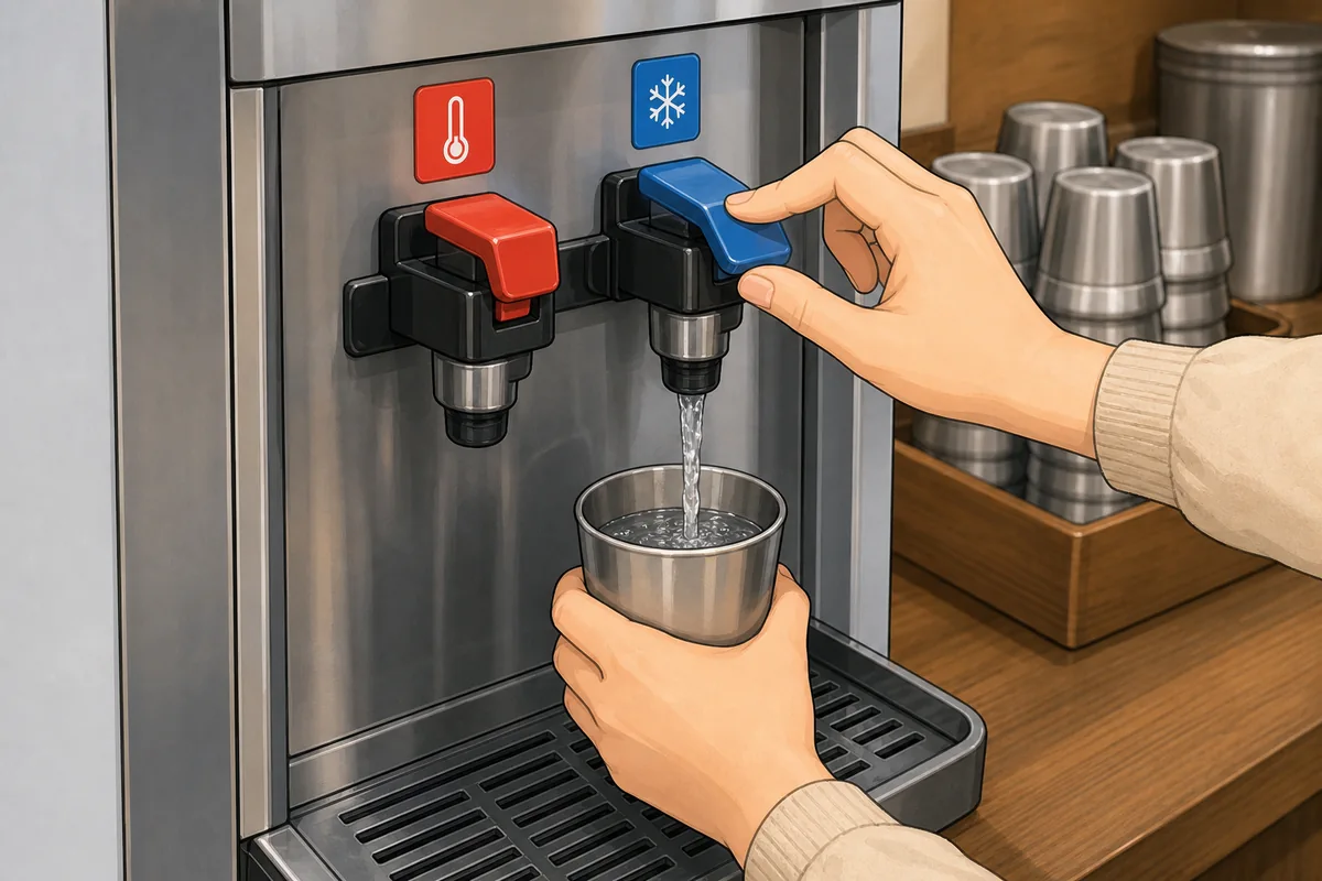 a hand using water dispensers in Korean restaurants with a paper cup