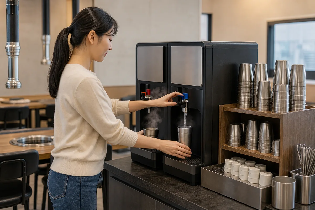 hot and cold water options at a Korean restaurant dispenser