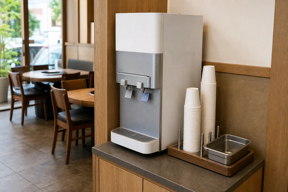 water dispensers in Korean restaurants near a self-serve station with cups and labels