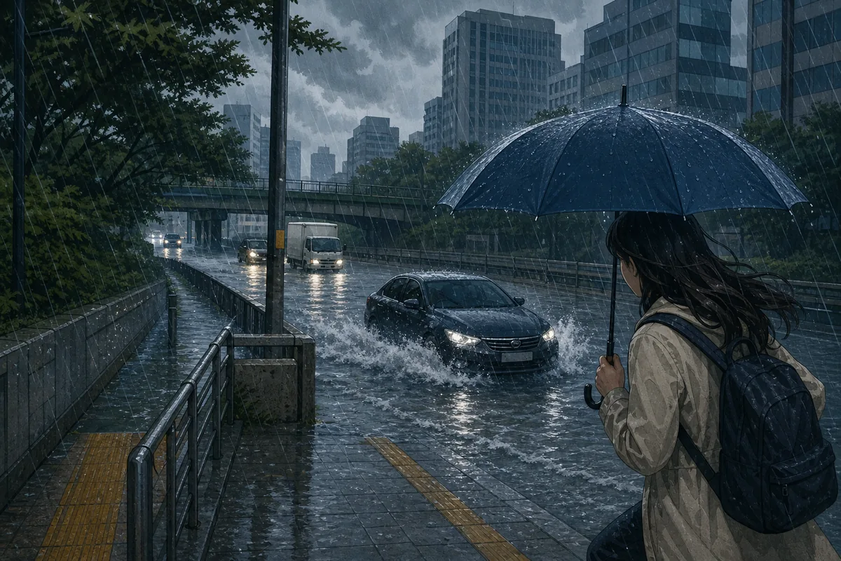 weather alerts korea during heavy rain with a flooded street in Korea