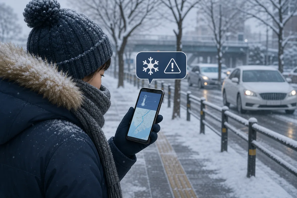 weather alerts korea in winter with a person checking a cold wave alert on a phone