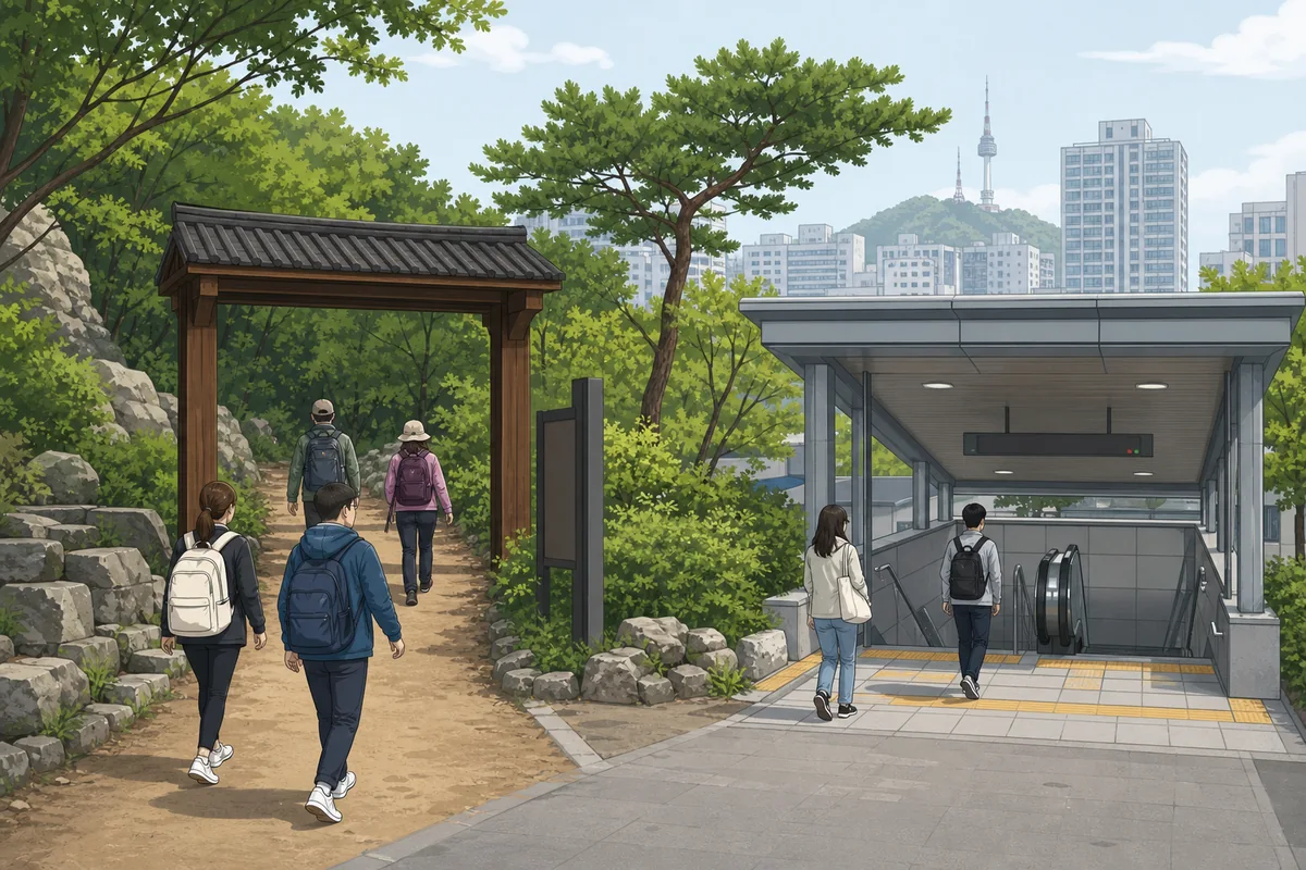 Trailhead near a subway station showing easy access to Korean city mountains hiking