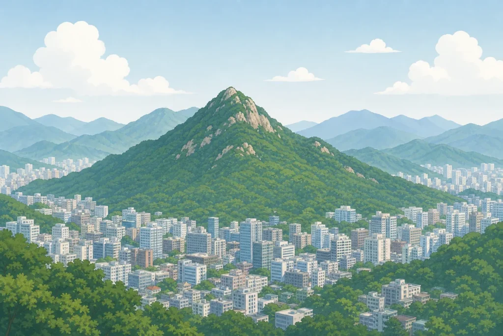 why korean cities full mountains Korean cities mountains skyline with ridges behind dense buildings