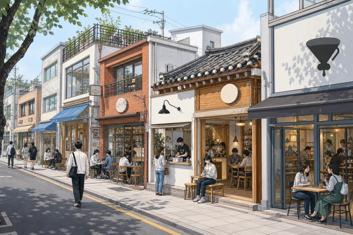 why there so many cafes korea A Seoul neighborhood showing Korean cafe culture with multiple cafes on one block