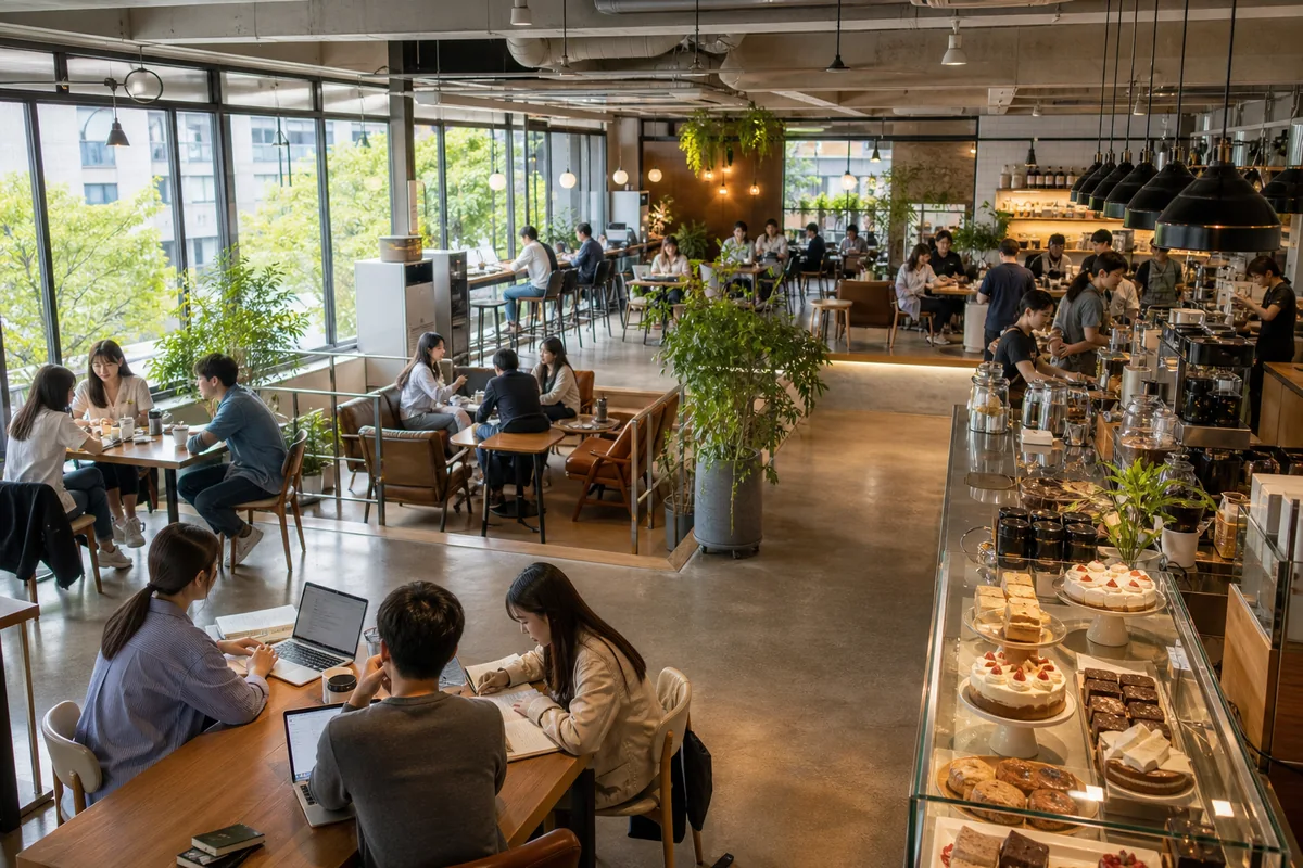 A large Korean cafe interior that reflects Korean cafe culture and long-stay seating