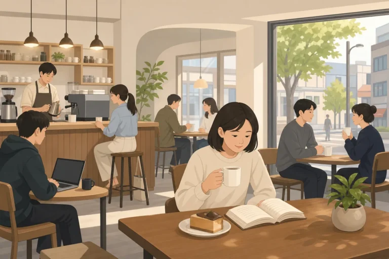 why there so many cafes korea Korean cafe culture in a busy Seoul street with several cafes side by side