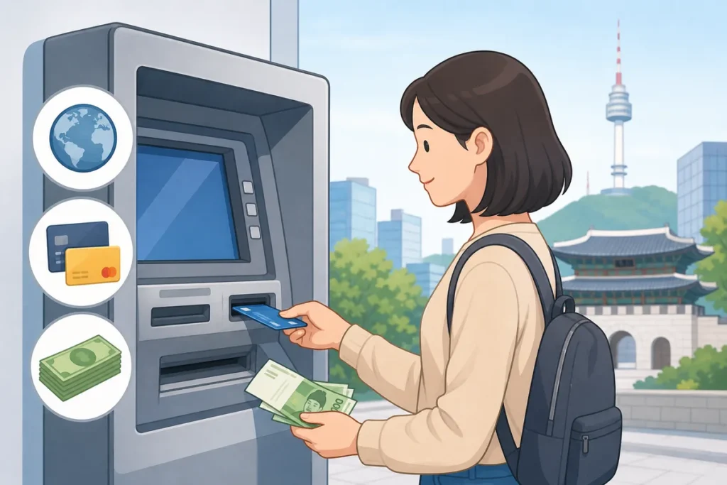 withdraw cash korea foreign card atm withdrawal at a Korea Global ATM with English screen and Korean won options