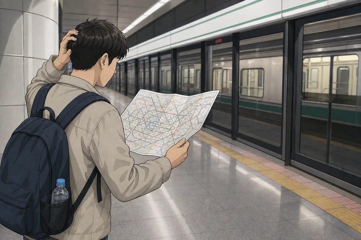 wrong subway or bus traveler checking the subway platform direction signs in Korea