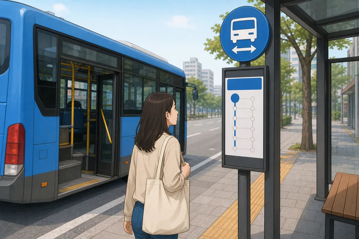 Bus passenger realizing the wrong route and looking for the opposite stop in Korea
