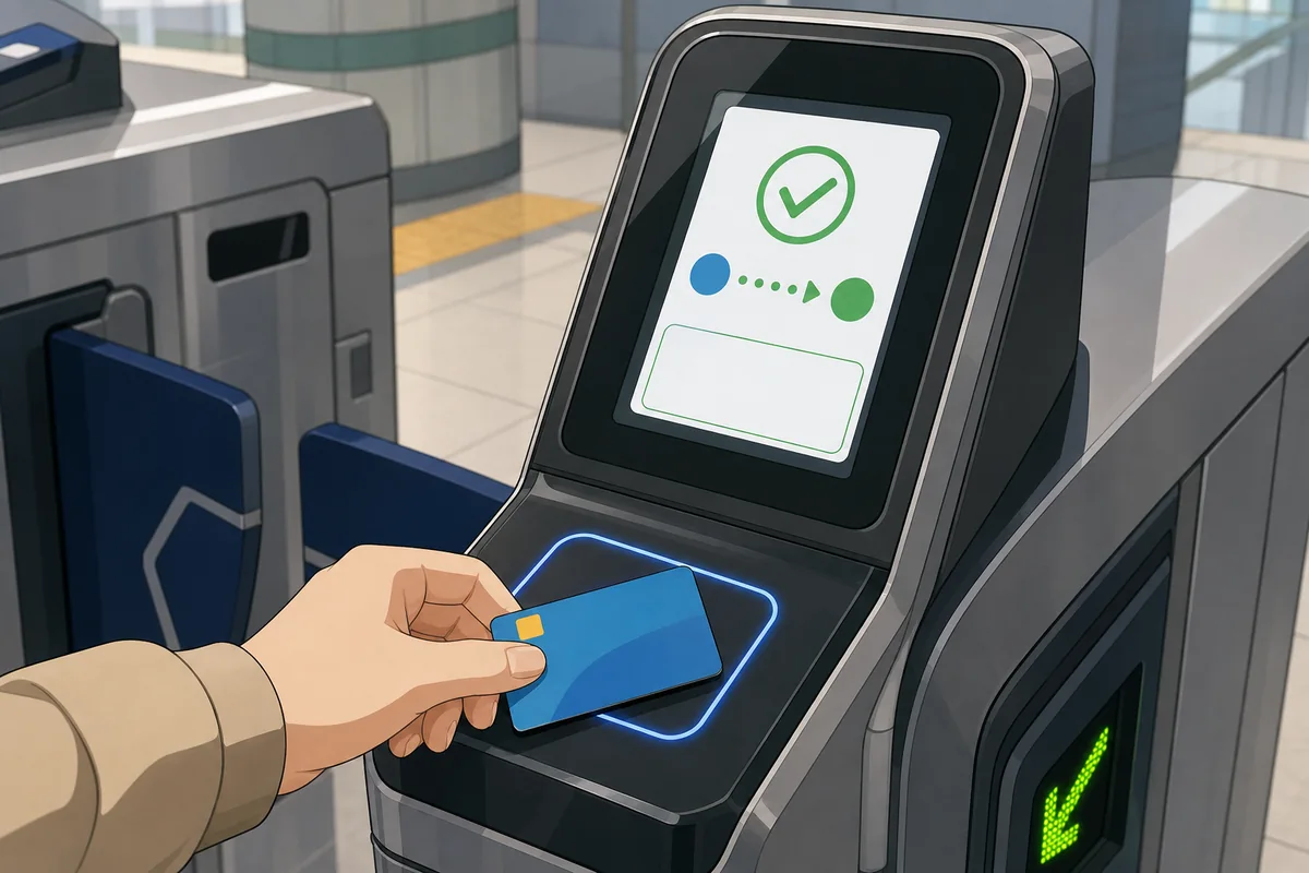 Transit card and station gate showing a fare check after correcting a wrong subway or bus
