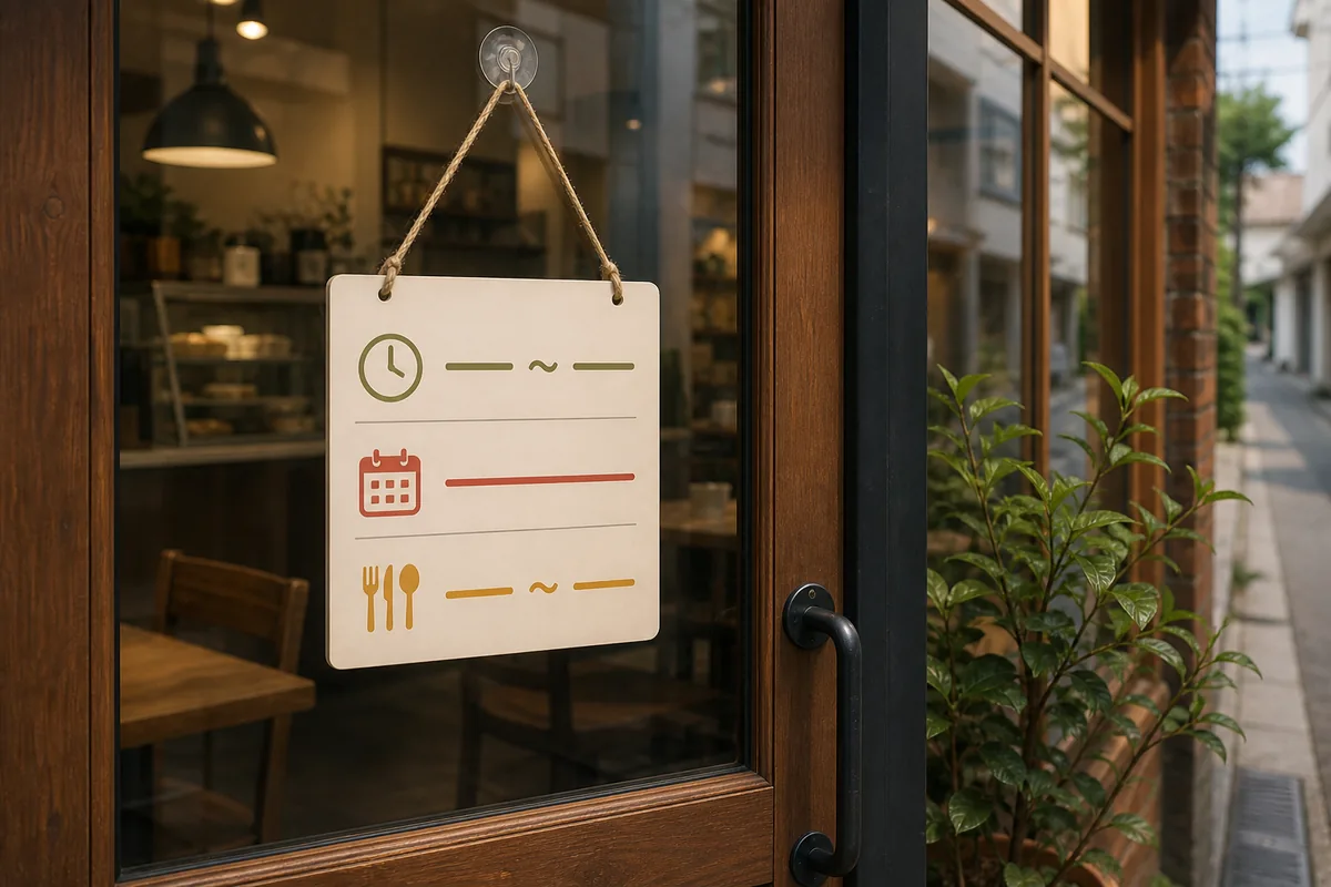 A Korean storefront glass door showing printed business hours, closed day notice, and break time written in Korean and English with yeong eop sigan highlighted