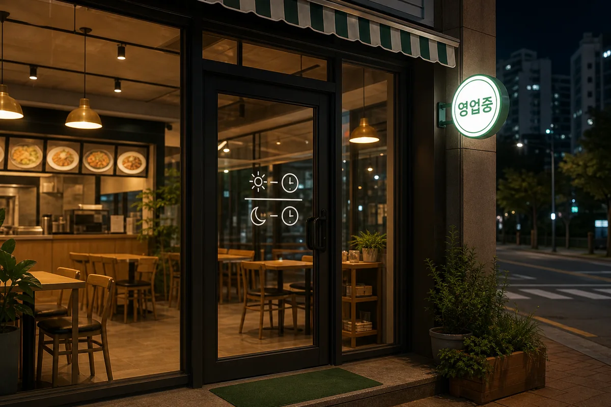 A Korean shop exterior at night with a glowing open sign in the window and bright interior lights visible through the glass, showing yeong eop sigan