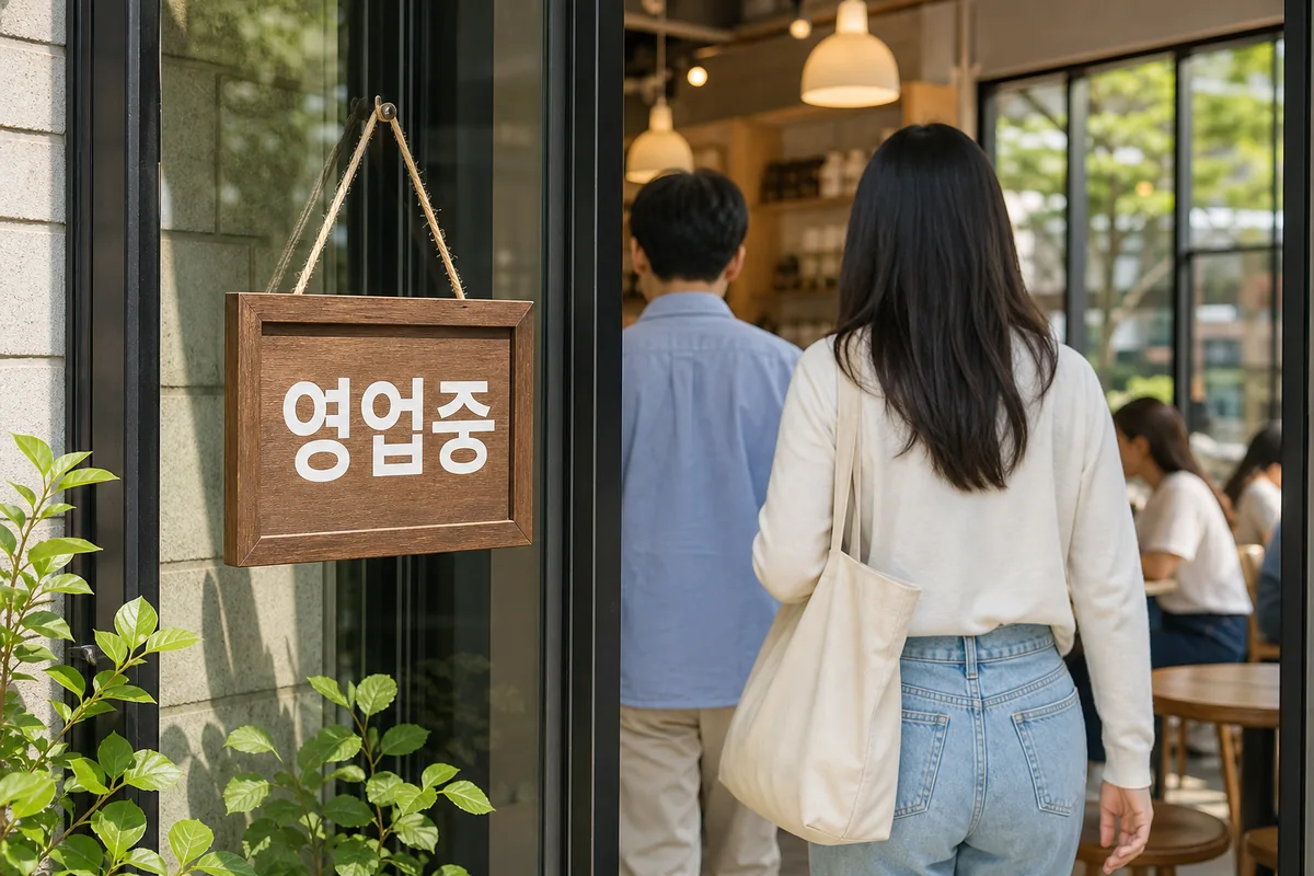 yeongeopjung meaning on a Korean café door with 영업중 sign