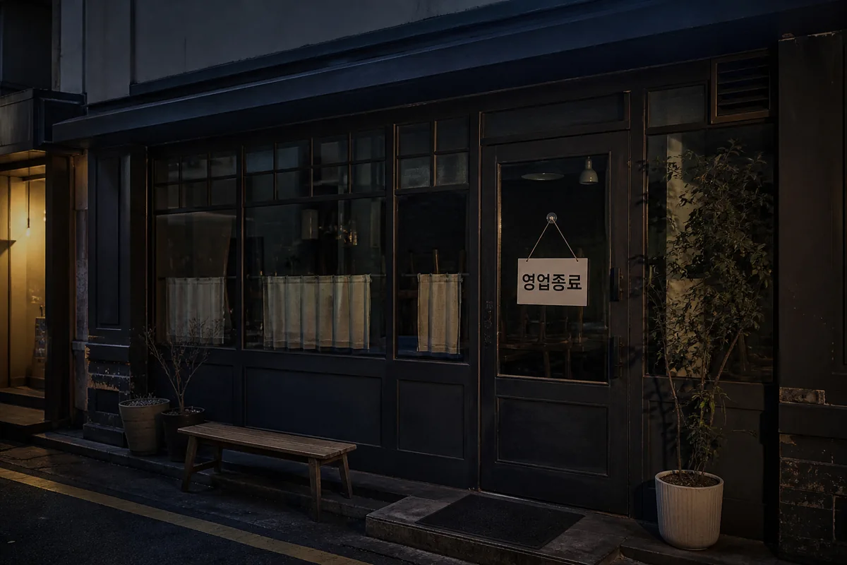 Korean restaurant entrance with 영업종료 sign after closing time