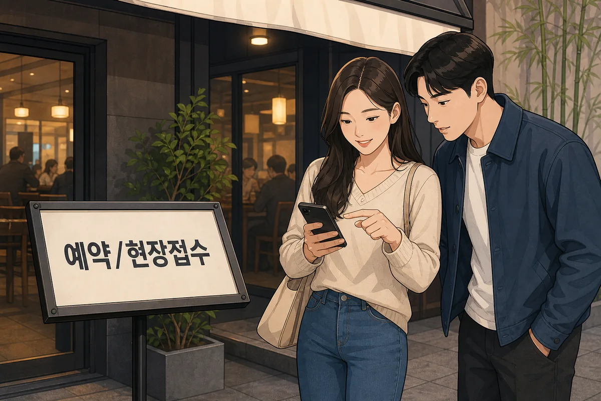 yeyak meaning sign showing 예약/현장접수 at a restaurant entrance