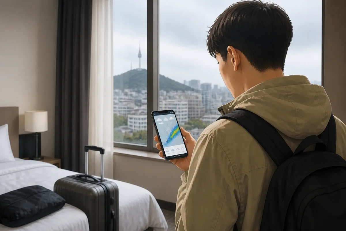 best korea weather apps tourists korea weather apps on a tourist phone before leaving a hotel in Seoul