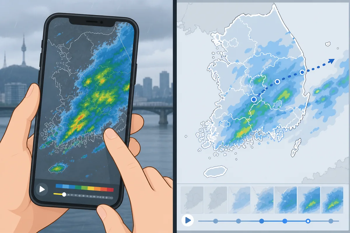 korea weather apps showing rain radar next to a short-term forecast map