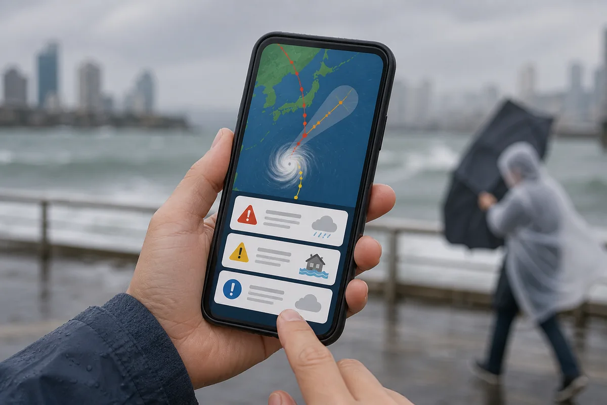 korea weather apps with typhoon track and disaster alert notifications on a phone screen
