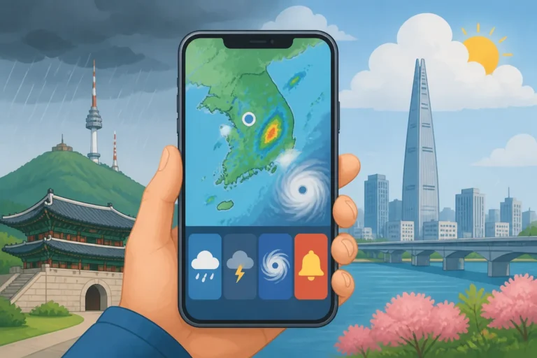 best korea weather apps tourists korea weather apps guide showing official forecast, rain radar, typhoon track, and alert checks for travelers in Korea