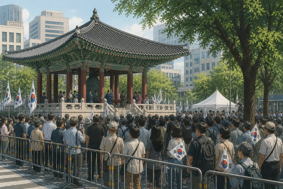 bosingak liberation day bell ceremony 2026 Bosingak Liberation Day bell ceremony viewing area near the pavilion with crowd control barriers