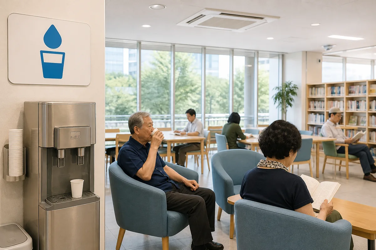inside a Seoul public library or community center used as a cooling shelter with seating and water access